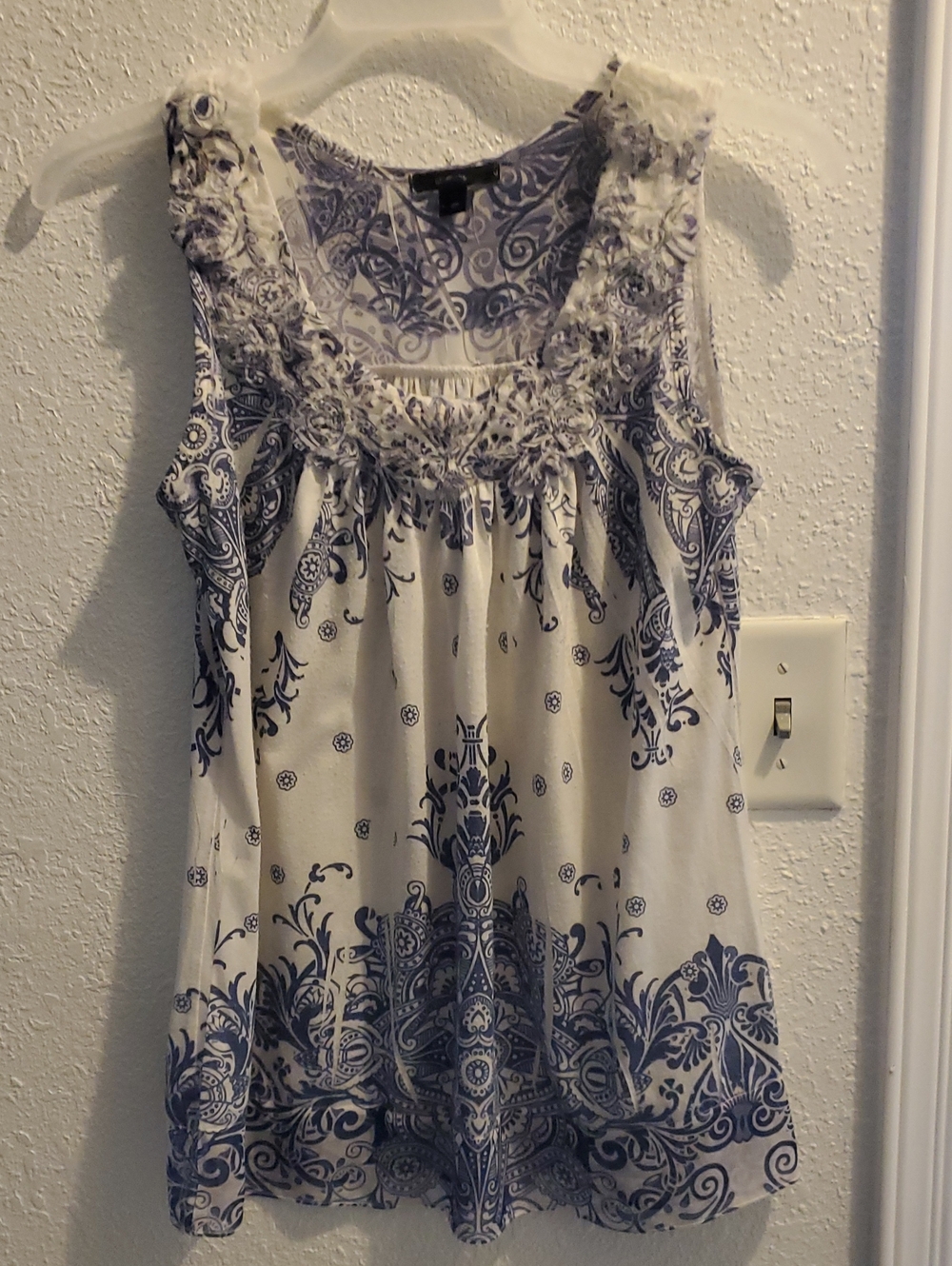 Espresso White Tank with Blue Paisley Trim